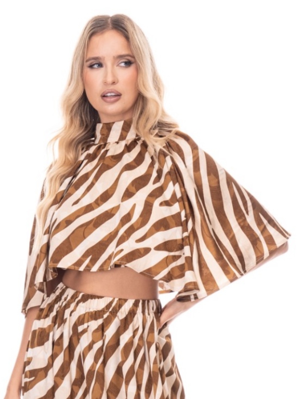 Zebra Print Brown & Beige Mock Neck Crop Top/Chic Boutique Statement Blouse